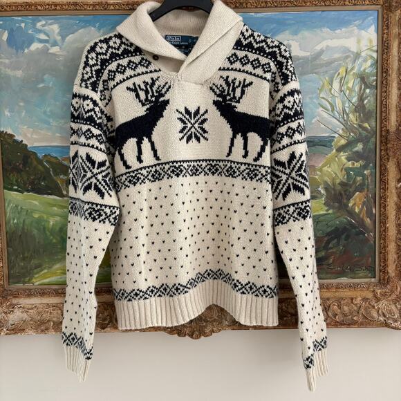 Vintage Polo Ralph Lauren Men’s Fair Isle Shawl Collar Sweater XL Wool - Picture 2 of 10